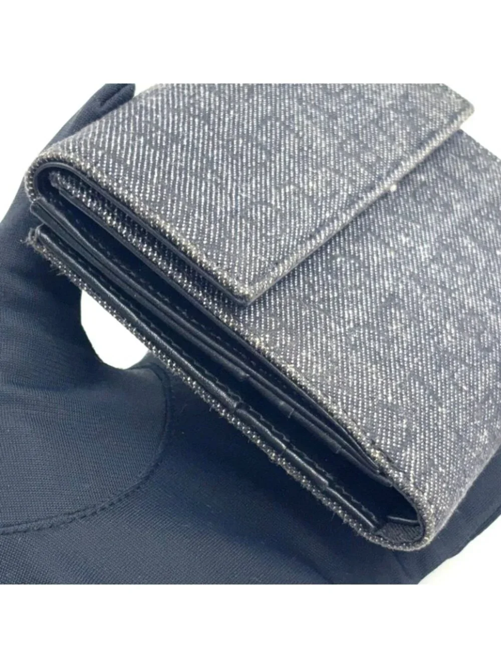 Bvlgari Lettere Logo Mania Leather Denim Navy Black Bifold Wallet Silver